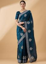 Cotton Blend Blue Festival Wear Embroidery Work Saree